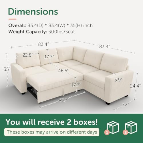 Image of HONBAY Corduroy Sectional Sleeper Sofa with Pull Out Bed, 5 Seaters 83.4 Inch Setional Couch for Living Room Apartment, Beige