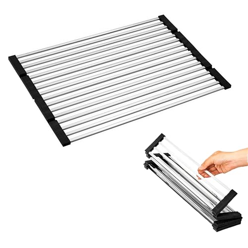 EVIYI Escurridor de platos enrollable sobre fregadero, material de acero inoxidable 304, estante escurridor plegable para encimera de cocina (largo 52 x 36 cm)