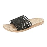 Genérico Chanclas Niña Piscina Chanclas de Piscina Mujer Zapatillas de Lino Zapatillas Antideslizantes para Interiores Zapatillas de Encaje Huecas Tacón de Goma Plana Chanclas Playa (Black, 35)