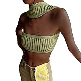 Women Sexy Strapless Tube Crop Top Knitted Halter Neck Bustier Tops Aesthetic Clothes Going Out Top Green S