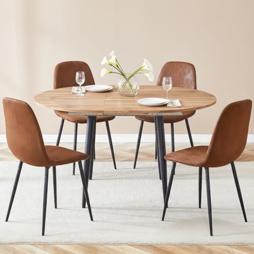Image of FURNITO Round Dining Table Set for 4, 42 inch-54 inch Extendable Dining Table with 4 Upholstered Chairs, 5 Piece Modern Kitchen Table and Chairs Set for Dining Room, Kitchen, Small Space, Easy Assembly & Use