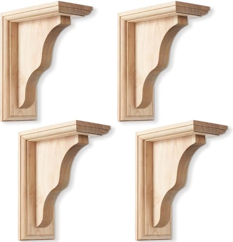 Briwooody 4 Pcs Traditional Wood Brackets Unfinished Hardwood Bracket Decorative Millwork Corbels Solid Wood Shelf Bracket for Home Shelf Cabinet Furniture Support (2 1/4