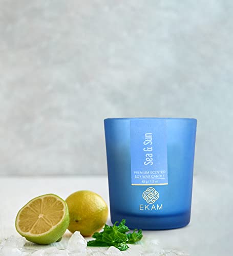 Image of EKAM Sea & Sun Votive Soy Wax Scented Candle, 40 Grams, 10 Hours Burn Time| Long Lasting Premium Candles | Ideal for Home Decor | Gifting & Aromatherapy (Pack of 9)
