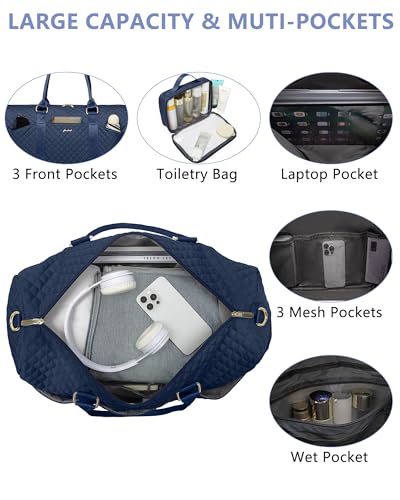 Image of Women Weekender Travel Duffle Bag: Travel Duffel Overnight Bags with Shoe Compartment Large Carry on Tote with Toiletry Bag Weekend Traveling Yoga Gym Hospital Bag for Women with Wet Pocket Blue