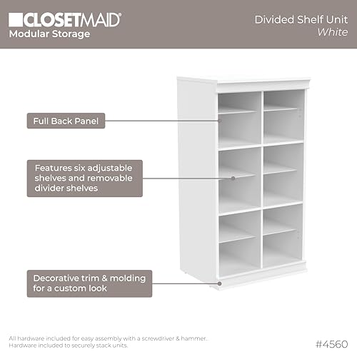 ClosetMaid Modular Storage Shelf Unit with 12 Shelves, Wood Closet Organizer Adjustable, Dividers, Stacking, Full Backer, Decorative Trim, White - Image 6