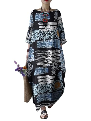 Image of Celmia Autumn Solid Loose Long Maxi Dress Cotton Caftan