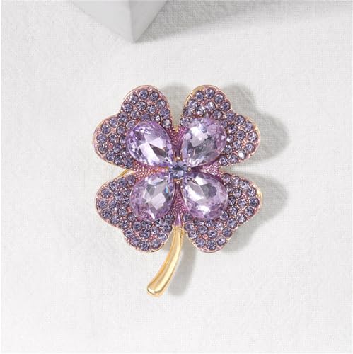 Image of Rhinestone Purple Clover Leaf Brooch Pin for Women Girls Unisex Vintage Crystal Flower Brooches Lapel Pins Luck Decor Dress Accessories Christmas Birthday Thanksgiving Jewelry Gift