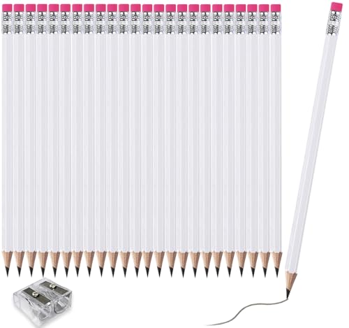 Adhere 25pcs Woodcase Pencils with Eraser Premium Pre-Sharpened Hexagon Graphite 2B pencils ideal for home office writing including a Free Sharpener(White25pcs)