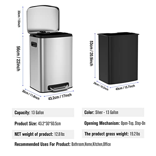 Pouseayar 13 Gallon & 3.2 Gallon Stainless Steel Large Trash Can With Soft Close Lid - Foot Pedal Rectangular Garbage Bin Fingerprint-Proof, And Durable For Kitchen, Home, And Office #TOP2