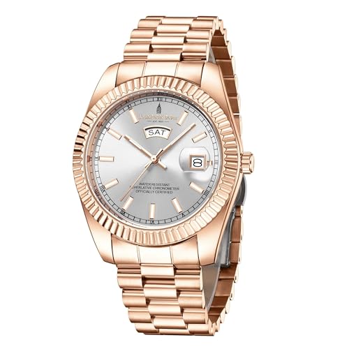 Image of London Fog Oxford Collection Analog Quartz Watch for Men with Round Dial and Stainless Steel Strap, Fluted Metal Case, Day & Date Display, Luminous Hands & Hour Markers & Water Resistant