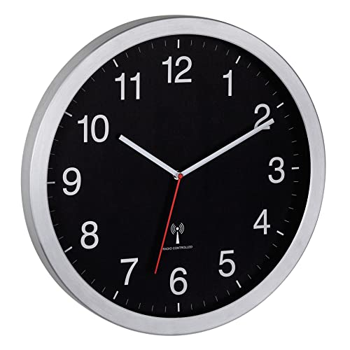 TFA Dostmann Horloge Murale XL 60.3545.01 - Horloge analogique Radio-pilotée Facile à Lire - avec trotteuse - Noir argenté - 400 x 50 x 400 mm