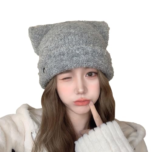 Gorro de invierno para mujer y hombre con orejas de gato, suave, informal, a rayas, gorro de punto trenzado, cálido, gris, Talla única