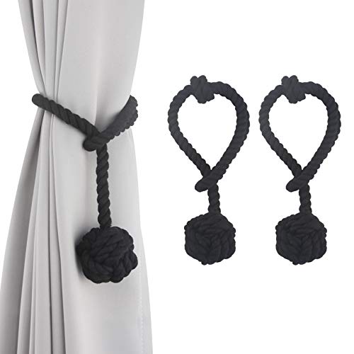 Porlau 2 Pack Handmade Cotton Rope Curtain Tiebacks Rope Knot Ball Decorative Tie Backs Holdbacks Home Accessories for Curtains, Living Room, Office Window Drapries No Tools Needed- Black