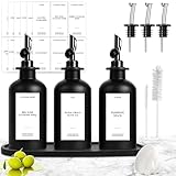 GYOSUGANG 3PCS Olive Oil Dispenser Bottle For Kitchen, Soy Sauce Dispenser, Glass Oil and Vinegar Dispenser Set W. Wooden Tray & Labels & 3 Replacement Spouts, Coffee Syrup Dispenser(Black)