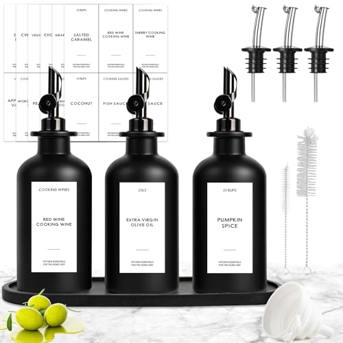 GYOSUGANG 3PCS Olive Oil Dispenser Bottle For Kitchen, Soy Sauce Dispenser, Glass Oil and Vinegar Dispenser Set W. Wooden Tray & Labels & 3 Replacement Spouts, Coffee Syrup Dispenser(Black)