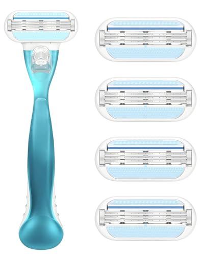 KEMUZ Maquinilla de Afeitar Mujer - Set de 5 Piezas (1 Mango Azul + 4 Recambios) - Cuchillas de Afeitar Mujer para Piernas, Axilas y Zona Íntima - Depilación Suave y Sin Irritación