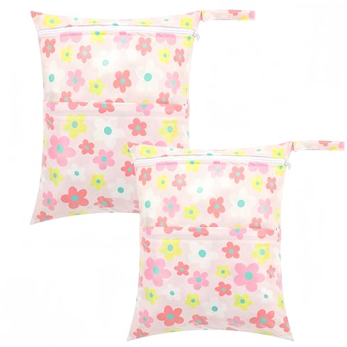 Image of 2-Pack Baby Wet Dry Bags Waterproof Reusable Diaper Bags with Two Zippered Pockets Travel Beach Pool Gym and Yoga Bag for Cloth Diapers Wet Clothes Swimsuits and Breast Pump Parts