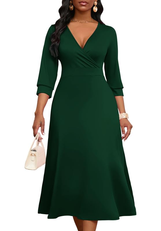 Image of MarryUP Womens Casual Dress Wrap V-Neck Elegant Wedding Guest Midi Dress 3 /4 Sleeve Solid High Waist Dark Green XL