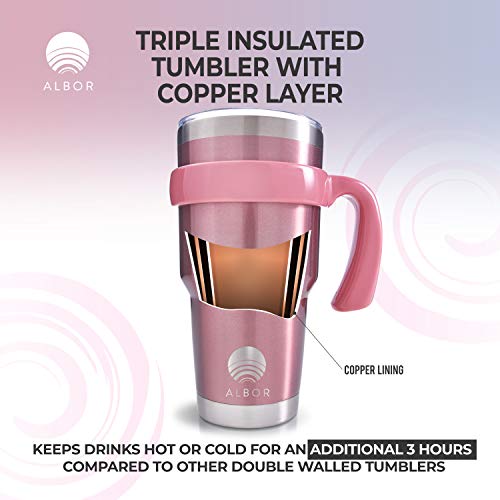ALBOR Triple Insulated Stainless Steel Tumbler 30 Oz Rose Gold Coffee Travel Mug With Handle