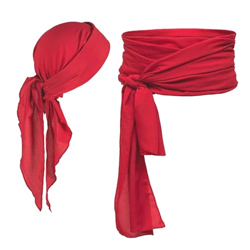 Vimilove 2 PCS Men Pirate Costume Accessories Set Women Pirate Hat Halloween Pirate Head Scarf Pirate Sash Belt Renaissance Accessories Cosplay (Red)