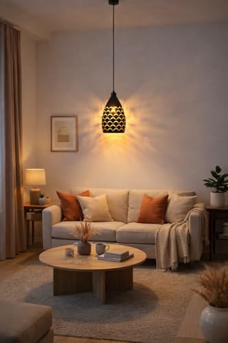 Image of Modern Black Cut Pattern Design Hanging Pendant Light with Height Adjustable Decorative Ceiling Lamp for Living Room, Bedroom, Dining Area, Cafe & Home Decor (Pack of 1)