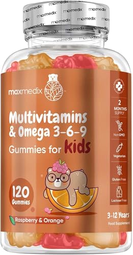 Maxmedix Multivitamin for Kids - 120 Gummies - 2 Months Supply - with Omega 3-6-9 - Gluten-Free Kids Vitamins - 17 Ingredients Like Vitamin D A & Zinc - Natural Raspberry & Orange Flavours