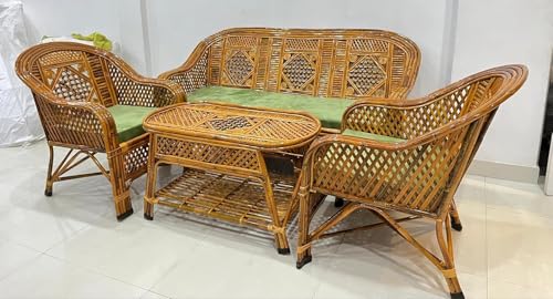 Image of Bamboo Chair Premium Cane Sofa Set with Table for Home, Office, Living Room, Balcony, Garden, Indoor & Outdoor | Brown, 34 cm, 24 cm, 25 cm
