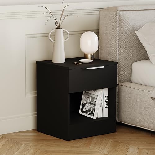 Vida Designs Trega 1 Drawer Bedside Cabinet Black - Compact Space-Saving Nightstand - 41H x 39W x 28D cm - Engineered Wood - Smooth Glide Drawer, Modern Silver Handle - Ideal for Bedroom & Guest Room
