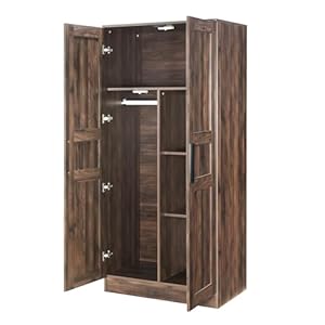 2 Doors Wardrobe Armoire Closet with LED Lights, 68.9" H Farmhouse Wooden Wardrobe Closet with 4 Storage Shelves and Hanging Rod, Freestanding Clothing Storage Cabinet for Bedroom, Garage, Brown 2 Doors Wardrobe Armoire Closet with LED Lights 689 H Farmhouse Wooden Wardrobe Closet with 4 Storage Shelves and Hanging Rod Freestanding Clothing Storage Cabinet for Bedroom Garage Brown