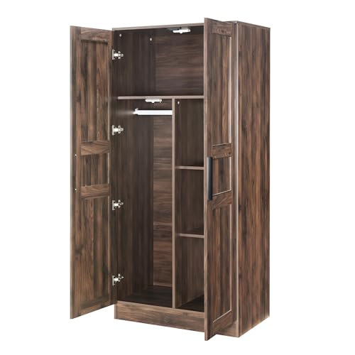 2-Doors-Wardrobe-Armoire-Closet-with-LED-Lights-689-H-Farmhouse-Wooden-Wardrobe-Closet-with-4-Storage-Shelves-and-Hanging-Rod-Freestanding-Clothing-Storage-Cabinet-for-Bedroom-Garage-Brown 2 Doors Wardrobe Armoire Closet with LED Lights 689 H Farmhouse Wooden Wardrobe Closet with 4 Storage Shelves and Hanging Rod Freestanding Clothing Storage Cabinet for Bedroom Garage Brown