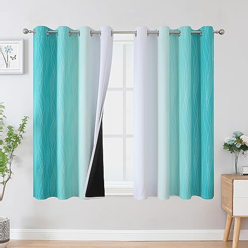 Estelar Textiler Teal and Greyish White Blackout Curtains 45 Inch Length, Light Blocking Gradient Drapes for Kitchen, Thermal Insulated Grommet Ombre Curtains for Bathroom,52Wx45L,2 Panels