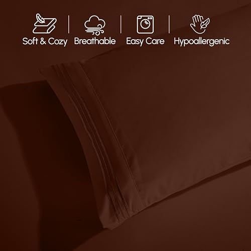 Image of Elegant Comfort Luxurious 1500 Premium Hotel Quality Microfiber Three Line Embroidered Softest 4-Piece Bed Sheet Set, Wrinkle and Fade Resistant, King, Chocolate Brown