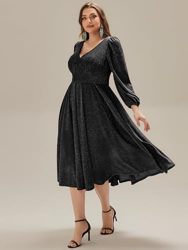 Ever-Pretty Plus Women's Tea Length Glitter Formal Dress V Neck Long Sleeve Plus Size Wedding Guest Dresses with Pockets4