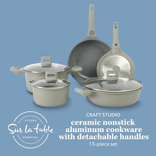 Sur La Table Kitchen Essentials 13 Piece Detachable Handle Pots and Pans Premium PFA Free Premium Ceramic Non Stick Induction Safe and Secure Removable Handle Cookware Set - Juniper Green - Image 2