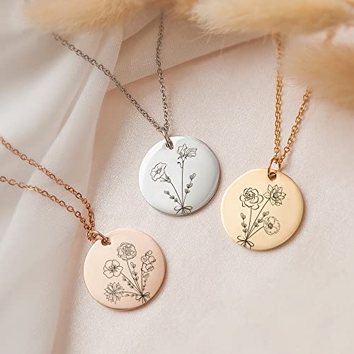 Anavia -Build Your Own Bouquet- Birthmonth Flowers Necklace, Personalized Engraved Floral Coin Necklace, Customized Birthday Gifts Love Jewelry for Her Mom Sisters Family2