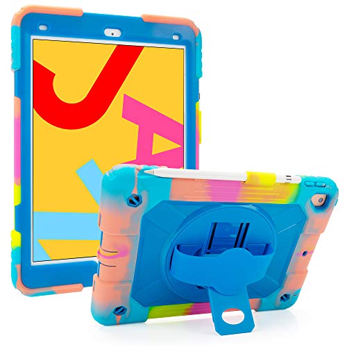 iPad 10.2 Case 2019 iPad 7th Generation Case Heavy Duty Shockproof Protective Case with 360 Degree Rotating Kickstand Pencil Holder (Colorful Blue)