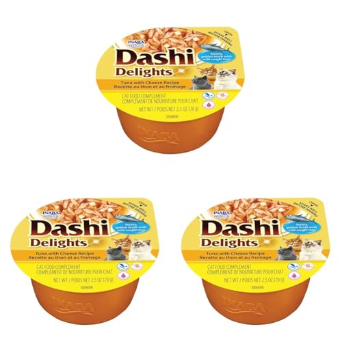 INABA Dashi Delights Gatos - Caldo Saludable con Copos de Atún y Queso - Alto Contenido en Proteínas - Ingredientes Naturales - Sin Conservantes ni Colorantes - 70 g (Paquete de 3)