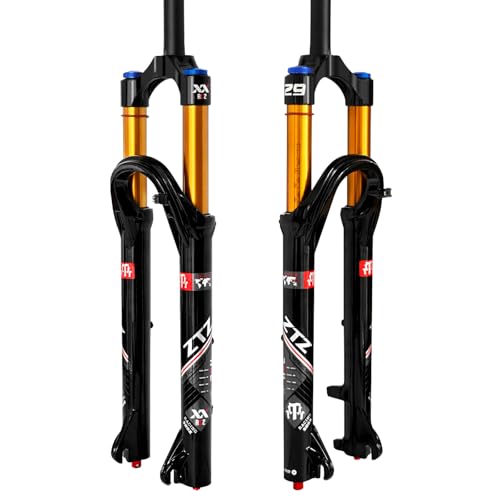 ZTZ 26/27.5/29 inch MTB Air Suspension Fork, Upgraded 34mm Stanchions & 140mm Travel, Rebound Adjust, Straight Steerer, 9x100mm QR, Manual Lockout Front Fork for XC AM Mountain Bike (Gold, 26 inch)