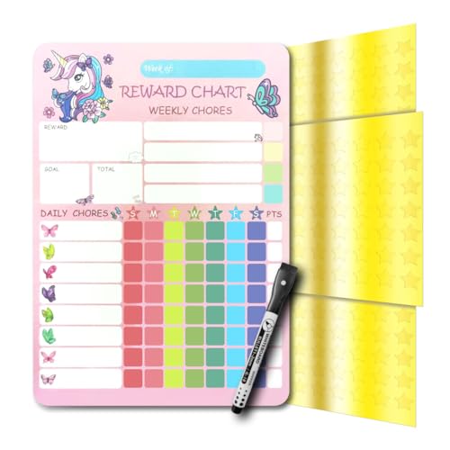 Unicorn Reward Chart for Kids - Magnetic Dry Erase Chore Chart for Refrigerator - Behavior Chart for Kids at Home- Kids Chore Chart for One Child, Pink