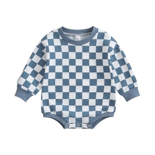 Image of Karuedoo Baby Boy Girl Checkered Sweatshirt Romper Oversized Long Sleeve Bubble Romper Top Neutral Baby Fall Clothes