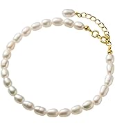 Dainty 14K Yellow Gold Pearl Beaded Bracelet,Freshwater Cultured White Pearl Bracelet for Women,G...