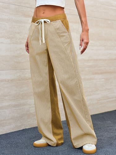 Image of PEIHOT Low Rise Striped Pants for Women Pull On Drawstring Boho Wide Leg Jeans Trendy 2026