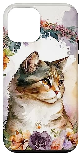猫、ボーホー フローラル 抽象アート 女性 女の子 子猫 猫好き スマホケース iPhone 12 mini 用