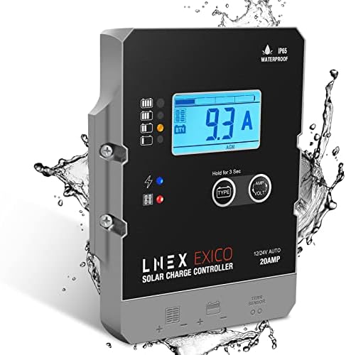 LNEX Solar Charge Controller Waterproof, 20A Super Thin Solar Panel Battery Intelligent Regulator with LCD Display 12V/24V PWM Solar Controller for LiFePO4,AGM, Gel, Flooded and Lithium Battery