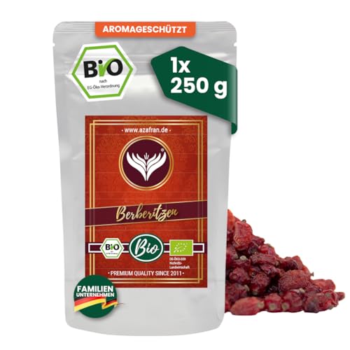 Azafran BIO Berberitze (Sauerdorn) geschnitten getrocknete Berberitzen Beeren für Tee & Küche 250g