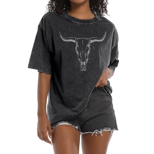 Western Cow Skull Shirts for Women Oversized Cowgirl Country Concert Vintage Graphic Tees Cowboy Rodeo T Shirt Tops