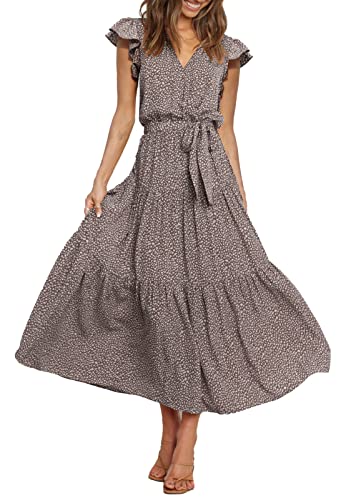 PRETTYGARDEN Women s Short Sleeve V Neck Leopard Print Ruffle Tiered Maxi Dress Tie Waist Boho Chiffon Flowy Long Dress (Large, Coffee)