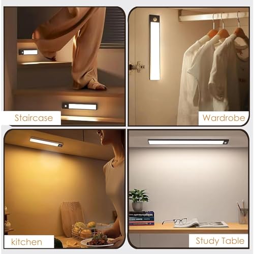 Image of MoonlitDreams Aluminium Rechargeable Motion Sensor Led Light for Wardrobe - 3 Color Modes Magnetic Closet Light with Stepless Dimming for Under Counter| Under Cabinet, Kitchen, Cupboard (Black, 20Cm)