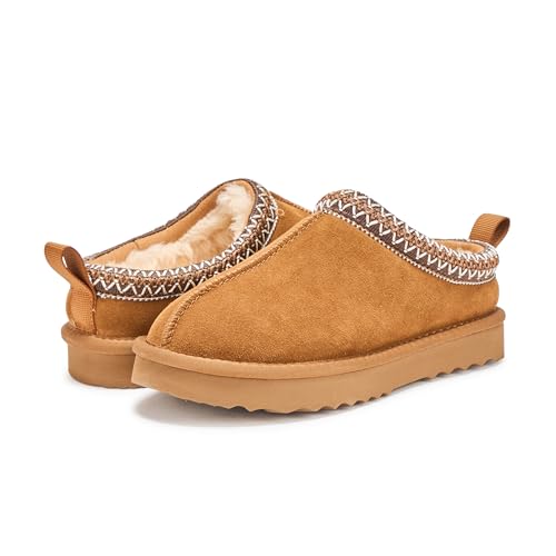 Image of Women's Shearling Slippers Genuine Leather with Rubber Sole, Sheepskin Fuzzy Indoor Outdoor Shoes for Home, L25608 CHES 8US