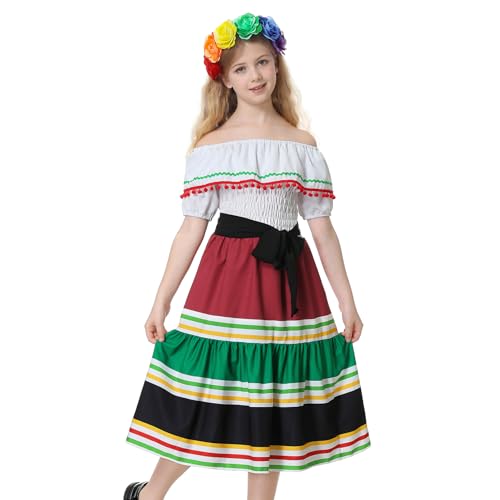 Zando Mexican Dress for Girls Cinco de Mayo Mexican Dresses Flamenco Dance Dress with Flower 4-12Y